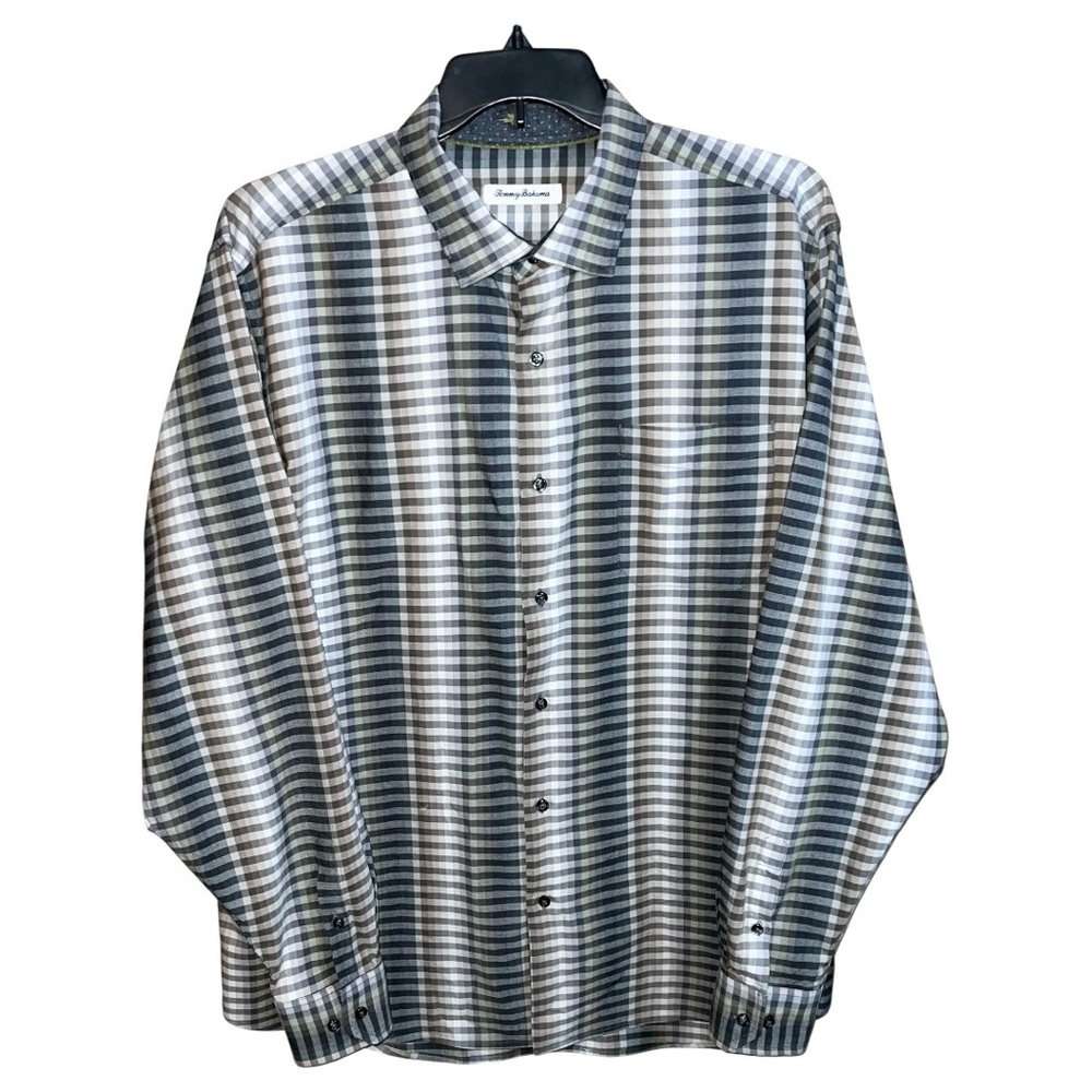 Tommy Bahama Shirt Men’s Size XLT Grey Green White Checks Button Front